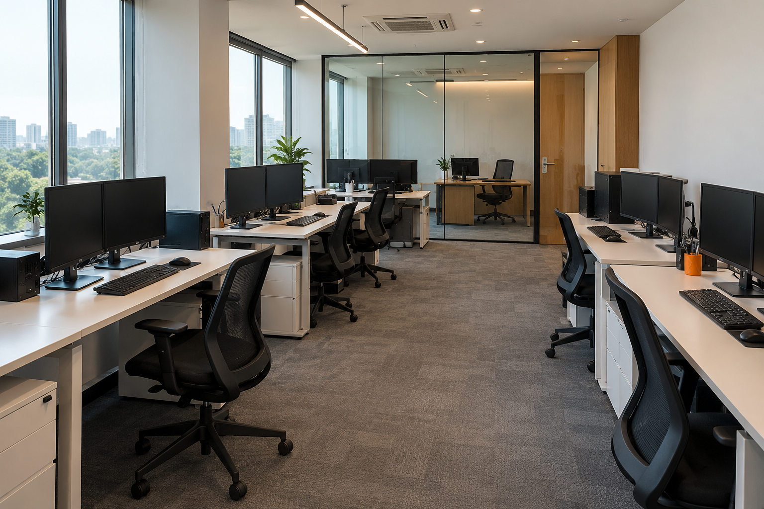 Camera-style office concept with connected dual-monitor workstations and a glass manager cabin